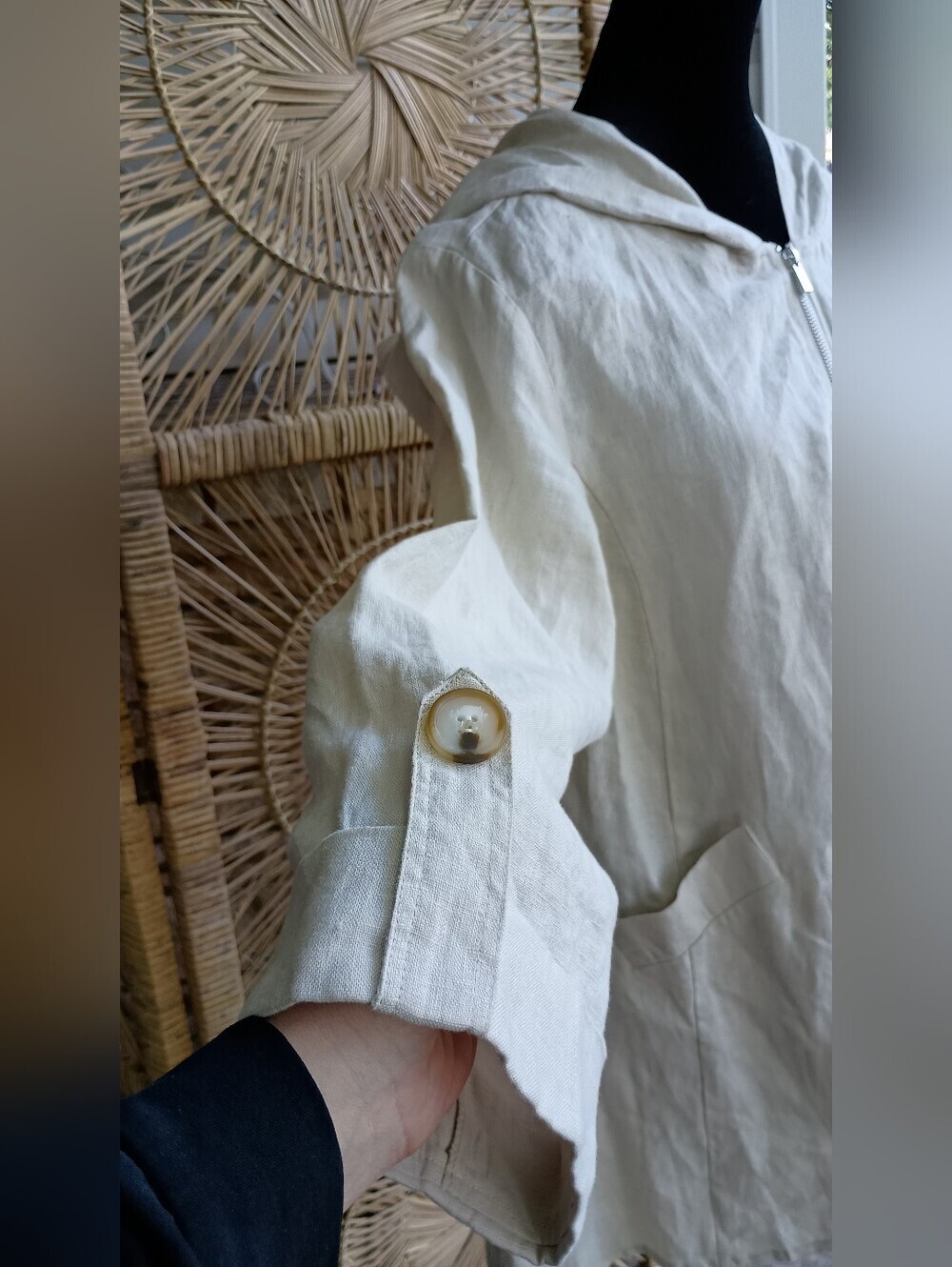 NWOT For Cynthia Lightweight 100% Linen Cream Hooded Coat_L - Picture 4 of 10